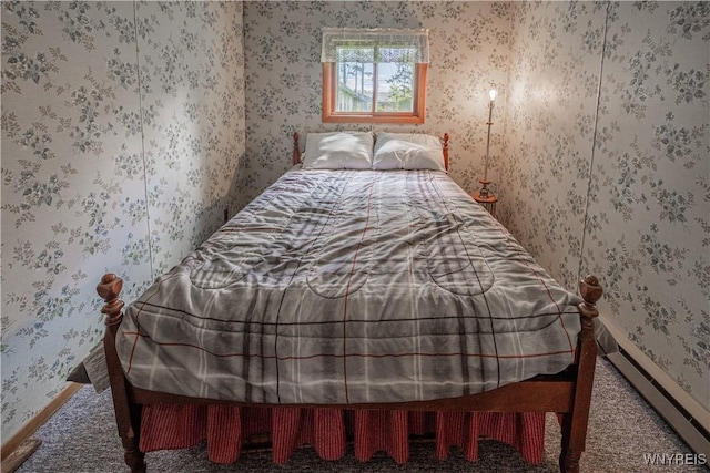 4609 E Lake Rd, Wilson, NY 14172 - carpeted bedroom featuring a baseboard heating unit and wallpapered walls