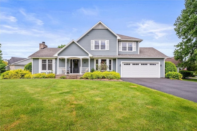 traditional-style home with a porch, asphalt driveway, a chimney, a front yard, and a garage
