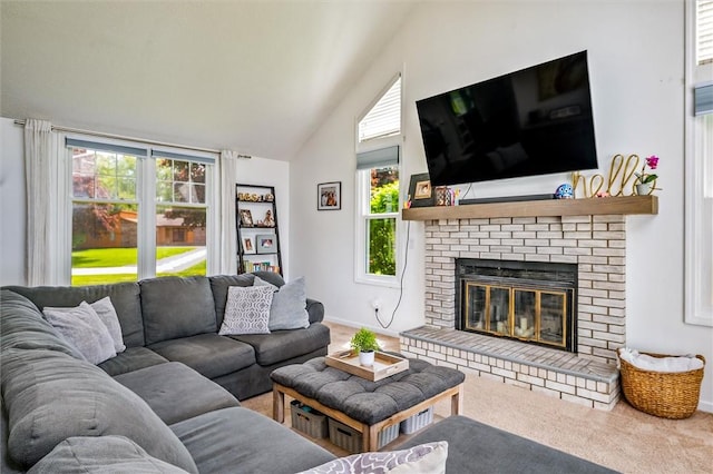living area featuring carpet, a brick fireplace, baseboards, and high vaulted ceiling