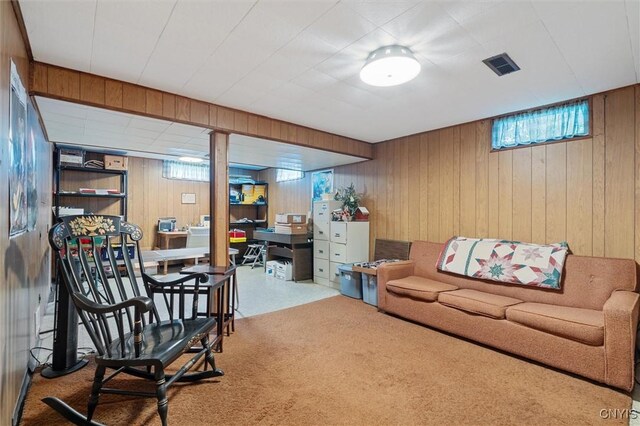 104 Hillside, Camillus, NY 13031 - carpeted living room with wood walls and plenty of natural light