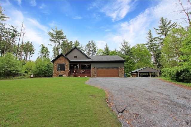 7030 Peckham Rd, Watson, NY 13367 - view of front of property with driveway, a garage, a front lawn, a carport, and stone siding
