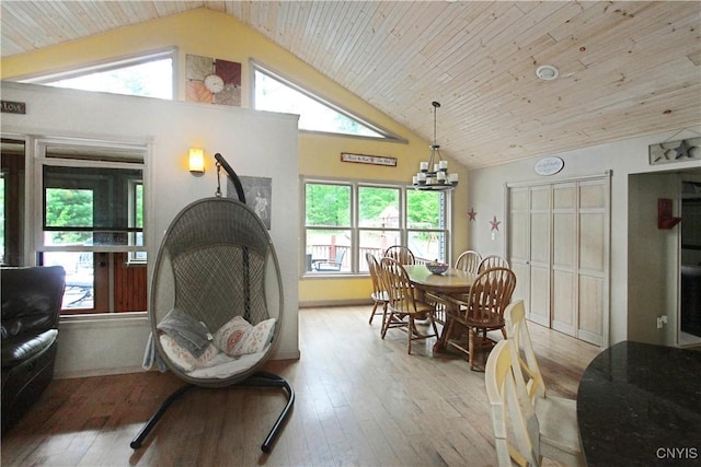 7030 Peckham Rd, Watson, NY 13367 - dining area featuring hardwood / wood-style flooring, high vaulted ceiling, plenty of natural light, a chandelier, and wood ceiling