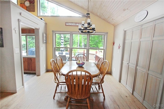 7030 Peckham Rd, Watson, NY 13367 - dining room with lofted ceiling, light wood-style flooring, a chandelier, baseboards, and wooden ceiling