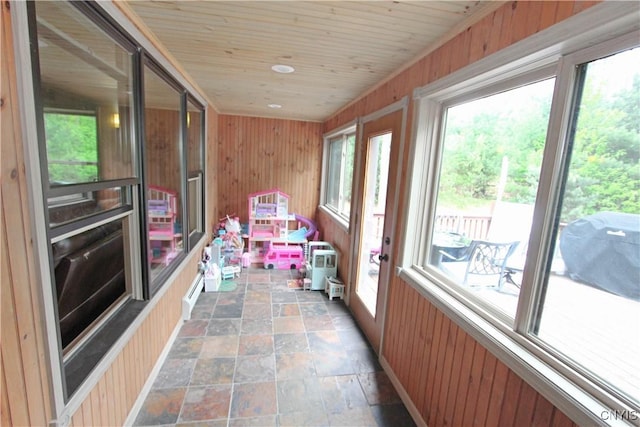 7030 Peckham Rd, Watson, NY 13367 - sunroom / solarium featuring wooden walls, stone finish flooring, and wood ceiling
