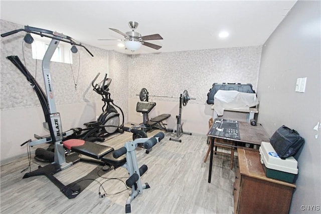 7030 Peckham Rd, Watson, NY 13367 - workout room featuring a ceiling fan and wood finished floors