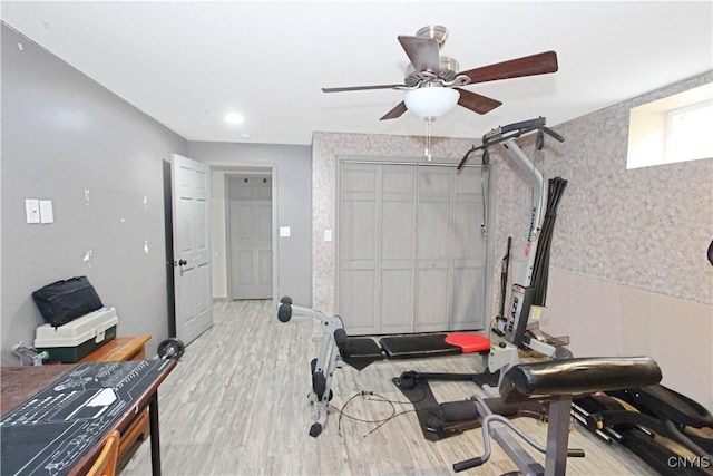 7030 Peckham Rd, Watson, NY 13367 - exercise room featuring a ceiling fan, wood finished floors, baseboards, and recessed lighting