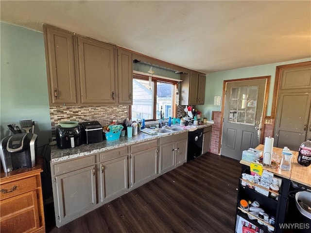 2746 Johnson Creek Rd, Hartland, NY 14105 - kitchen with dishwasher, dark wood finished floors, light countertops, and backsplash