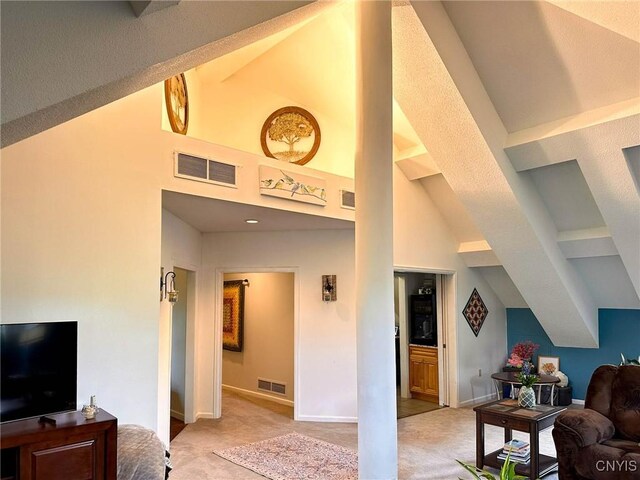 10 Foery Dr Unit 404, Utica, NY 13501 - living room featuring high vaulted ceiling, light colored carpet, and baseboards
