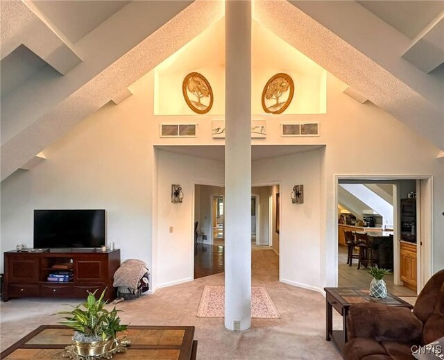 10 Foery Dr Unit 404, Utica, NY 13501 - living area featuring light carpet, high vaulted ceiling, and baseboards