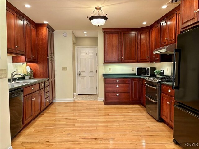kitchen with appliances with stainless steel finishes, under cabinet range hood, a sink, light wood-style floors, and recessed lighting
