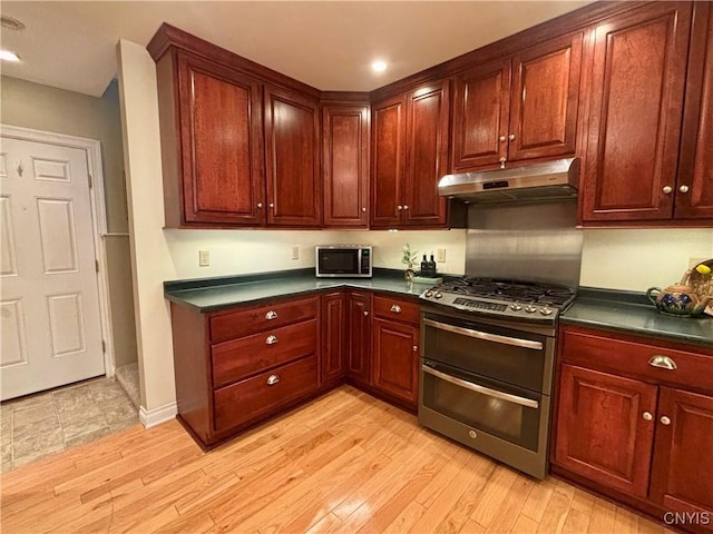 kitchen with under cabinet range hood, appliances with stainless steel finishes, dark countertops, light wood-type flooring, and recessed lighting
