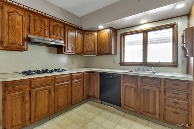 1681 Amherst St, Buffalo, NY 14214 - kitchen featuring dishwasher, a sink, stainless steel gas cooktop, under cabinet range hood, and brown cabinetry