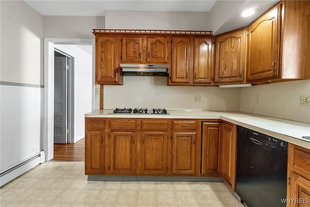 1681 Amherst St, Buffalo, NY 14214 - kitchen featuring under cabinet range hood, black dishwasher, light floors, a baseboard radiator, and brown cabinets