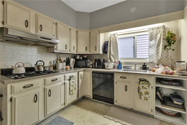 1681 Amherst St, Buffalo, NY 14214 - kitchen featuring black appliances, a sink, cream cabinetry, and under cabinet range hood