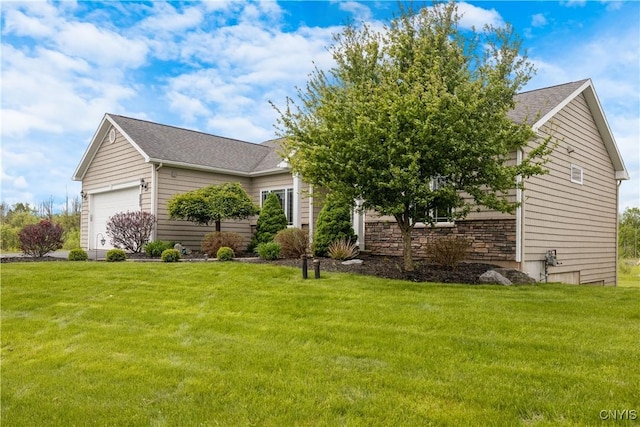 146 Edwards Falls Ln, Manlius, NY 13104 - view of front of property featuring a front yard, a garage, a shingled roof, and stone siding