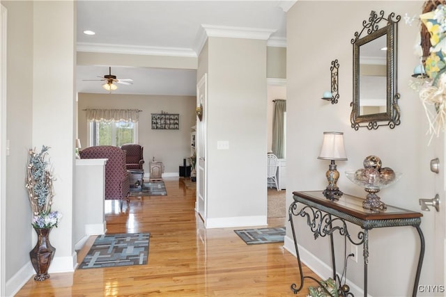 146 Edwards Falls Ln, Manlius, NY 13104 - corridor with ornamental molding, light wood-style flooring, baseboards, and recessed lighting