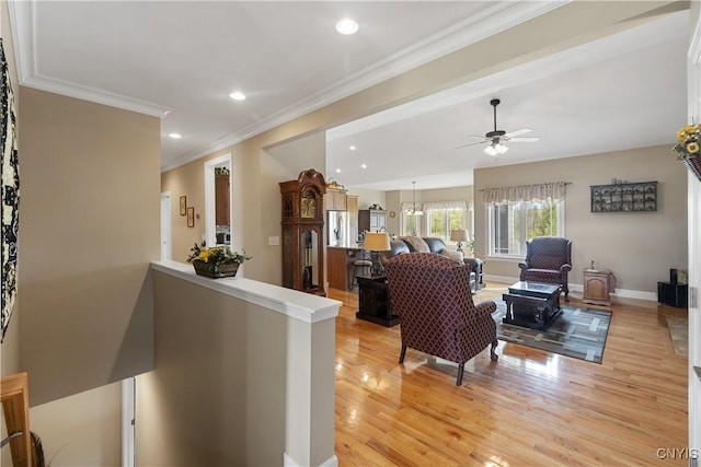 146 Edwards Falls Ln, Manlius, NY 13104 - living area featuring light wood-style flooring, a ceiling fan, ornamental molding, recessed lighting, and baseboards