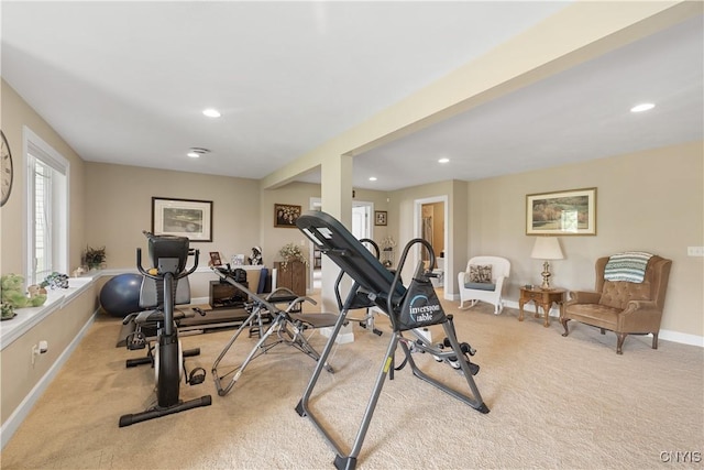 146 Edwards Falls Ln, Manlius, NY 13104 - workout room featuring baseboards, light carpet, and recessed lighting