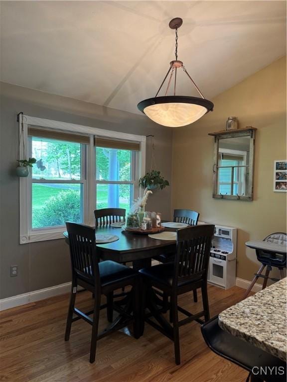 dining room with wood finished floors, healthy amount of natural light, baseboards, and vaulted ceiling