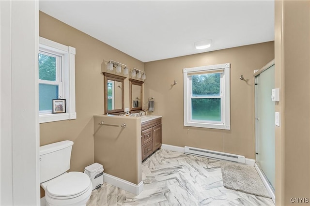 3616 E Genesee St Rd, Sennett, NY 13021 - bathroom featuring baseboard heating, vanity, a shower stall, and plenty of natural light