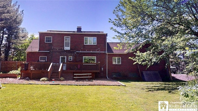3108 N Main Street Ext, Ellicott, NY 14701 - rear view of house featuring a wooden deck, a yard, brick siding, and a chimney