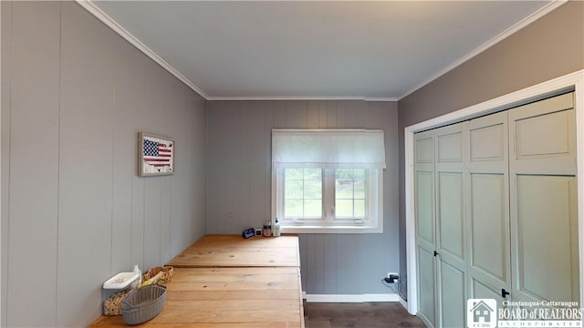 3108 N Main Street Ext, Ellicott, NY 14701 - unfurnished bedroom with ornamental molding, dark wood finished floors, and baseboards