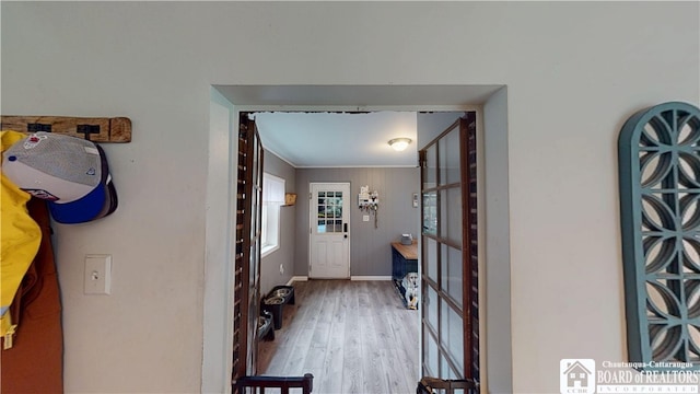 3108 N Main Street Ext, Ellicott, NY 14701 - hallway with wood finished floors, ornamental molding, and baseboards