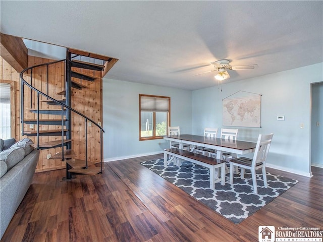 3973 Rte 430, Ellery, NY 14712 - dining space featuring stairs, healthy amount of natural light, ceiling fan, and wood finished floors