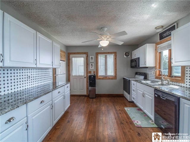 3973 Rte 430, Ellery, NY 14712 - kitchen with black appliances, white cabinetry, ceiling fan, plenty of natural light, and a textured ceiling