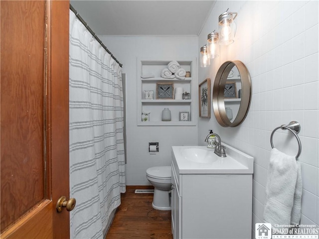 3973 Rte 430, Ellery, NY 14712 - bathroom featuring ornamental molding, wood finished floors, vanity, tile walls, and a shower with curtain
