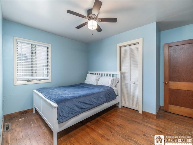 3973 Rte 430, Ellery, NY 14712 - bedroom featuring wood-type flooring, a closet, and a ceiling fan