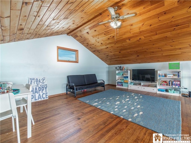 3973 Rte 430, Ellery, NY 14712 - living area with lofted ceiling, wooden ceiling, wood finished floors, and a ceiling fan
