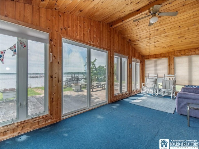3973 Rte 430, Ellery, NY 14712 - unfurnished sunroom with wood walls, carpet, vaulted ceiling, a water view, and wooden ceiling