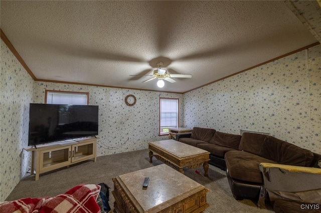 1572 County Route 6, Volney, NY 13069 - living area featuring ornamental molding, wallpapered walls, a ceiling fan, carpet, and a textured ceiling