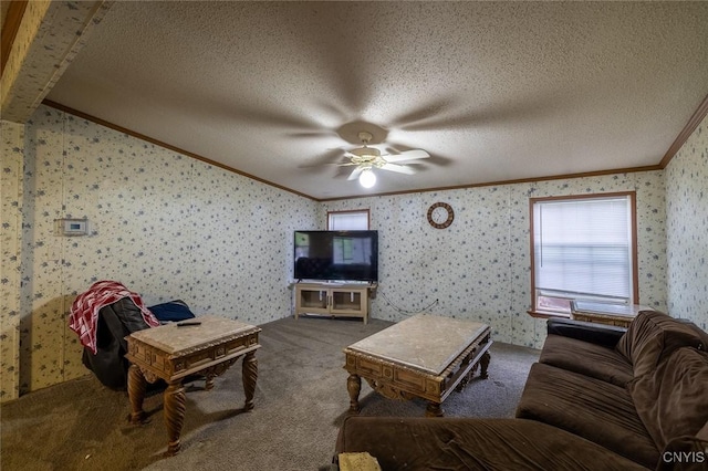 1572 County Route 6, Volney, NY 13069 - living room with ornamental molding, wallpapered walls, a ceiling fan, carpet, and a textured ceiling