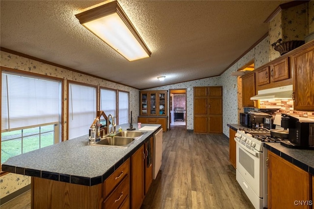 1572 County Route 6, Volney, NY 13069 - kitchen with wallpapered walls, under cabinet range hood, white gas range oven, a sink, and a textured ceiling