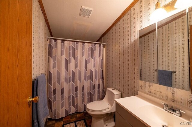 1572 County Route 6, Volney, NY 13069 - full bathroom featuring wallpapered walls, vanity, toilet, crown molding, and a shower with shower curtain