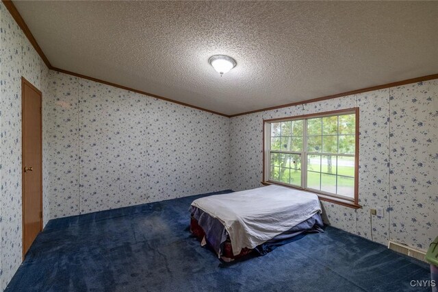 1572 County Route 6, Volney, NY 13069 - carpeted bedroom with ornamental molding, wallpapered walls, and a textured ceiling