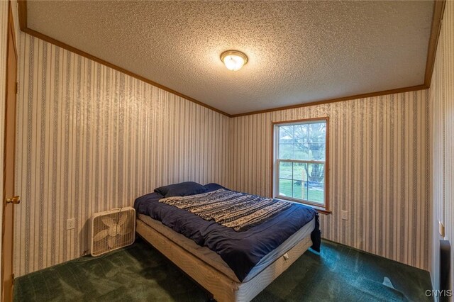 1572 County Route 6, Volney, NY 13069 - bedroom with dark carpet, ornamental molding, a textured ceiling, and wallpapered walls