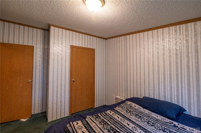 1572 County Route 6, Volney, NY 13069 - bedroom featuring crown molding, carpet floors, a textured ceiling, and wallpapered walls