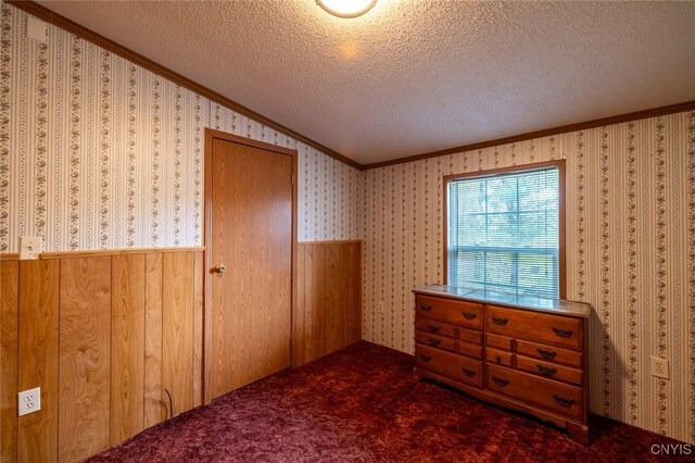 1572 County Route 6, Volney, NY 13069 - unfurnished room featuring crown molding, a textured ceiling, vaulted ceiling, carpet floors, and wood walls