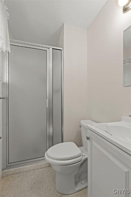 4155 Old Winding Way, Onondaga, NY 13215 - bathroom with a shower stall, toilet, vanity, and speckled floor