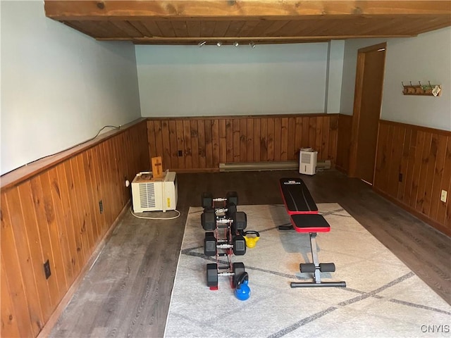 76 Windebank Ln, Manlius, NY 13116 - workout area with wood walls, a wainscoted wall, wood finished floors, and wood ceiling