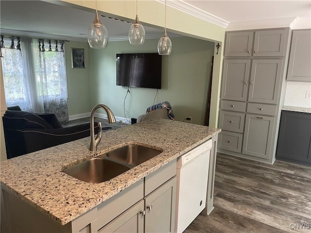 76 Windebank Ln, Manlius, NY 13116 - kitchen featuring a sink, crown molding, white dishwasher, gray cabinets, and dark wood-type flooring