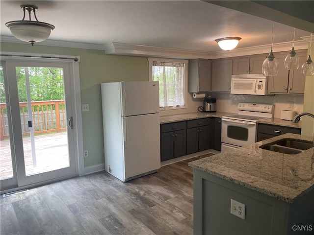 76 Windebank Ln, Manlius, NY 13116 - kitchen with white appliances, a sink, ornamental molding, light stone countertops, and gray cabinetry