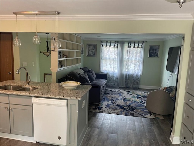 76 Windebank Ln, Manlius, NY 13116 - kitchen with white dishwasher, a sink, ornamental molding, dark wood-style flooring, and light stone countertops