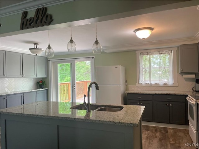 76 Windebank Ln, Manlius, NY 13116 - kitchen featuring a sink, white appliances, gray cabinets, decorative backsplash, and ornamental molding