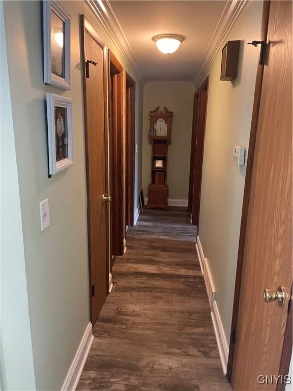76 Windebank Ln, Manlius, NY 13116 - hall featuring dark wood finished floors, crown molding, and baseboards
