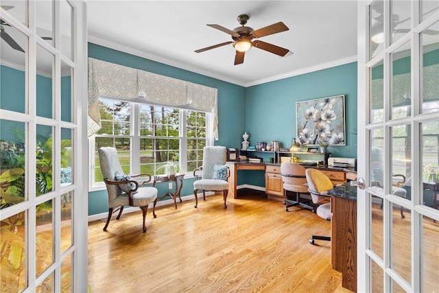 1619 Five Mile Ln Rd, Penfield, NY 14526 - office with crown molding, a ceiling fan, and light wood-style floors