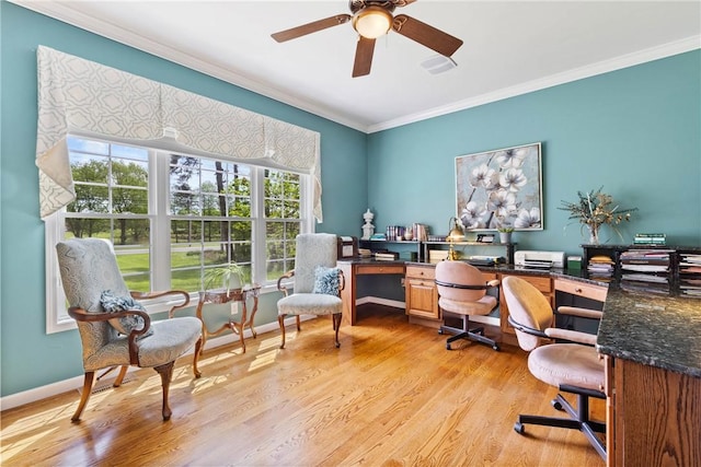 1619 Five Mile Ln Rd, Penfield, NY 14526 - office featuring light wood finished floors, ornamental molding, ceiling fan, and baseboards